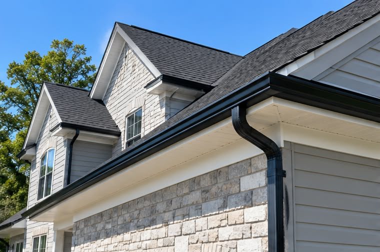 Black gutters and downspout on a house with stone and grey siding