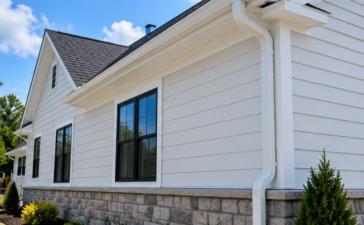 House with off-white lap siding, black windows and a stone base
