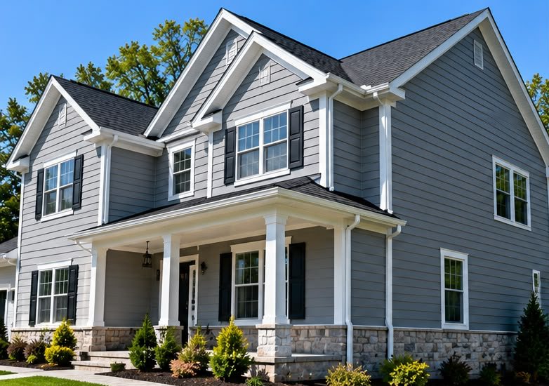 Two-story house with grey lap siding, white trim and a stone base