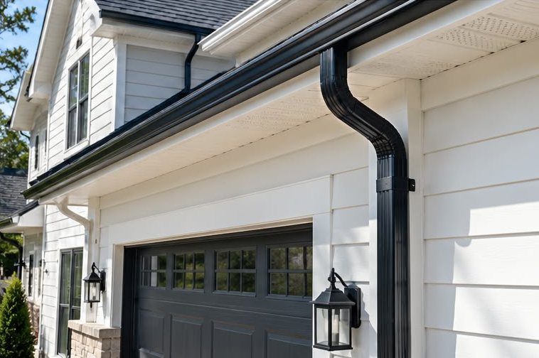Black gutters and downspout above a garage on a white-sided house