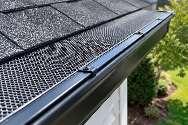 Black gutter fitted with a mesh gutter guard along the roof edge