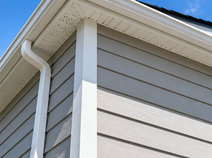 Close view of grey lap siding meeting a white corner trim and downspout