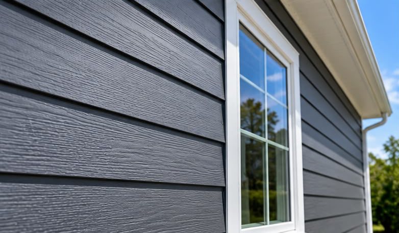 Dark grey lap siding beside a white-trimmed window